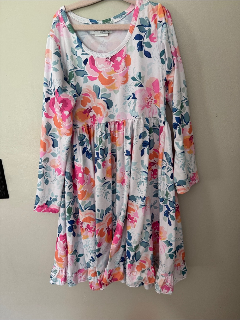 Girls Floral Long-Sleeve Twirl Dress in Multi Pink
